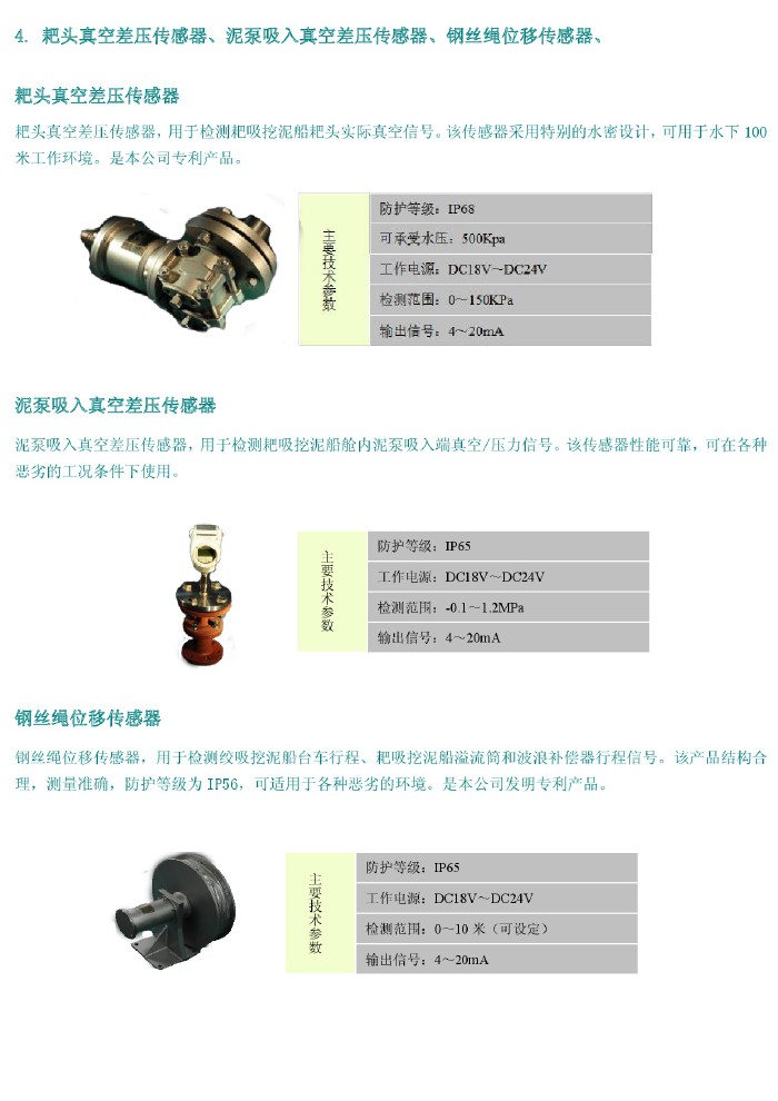 耙頭真空差壓傳感器、泥泵吸入真空差壓傳感器、鋼絲繩位移傳感器、